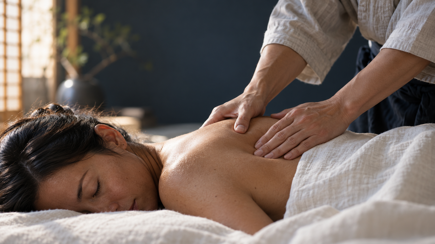 Hands applying Shiatsu pressure to a recipient’s upper back